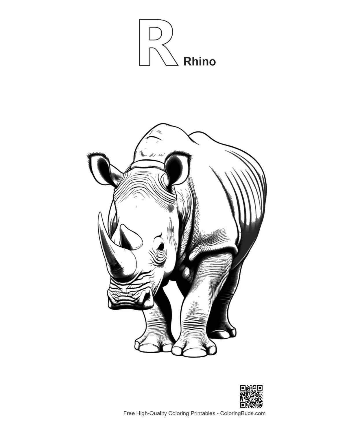 White Rhino alphabet R coloring outline