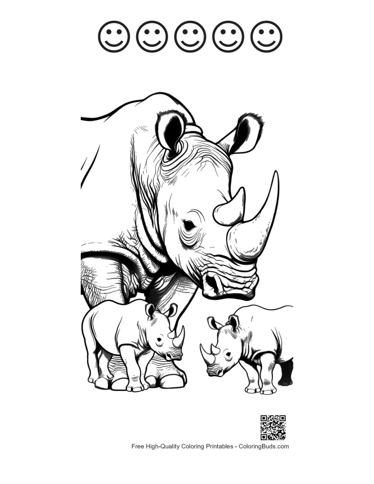 Printable White Rhino with 5 happy faces outlines