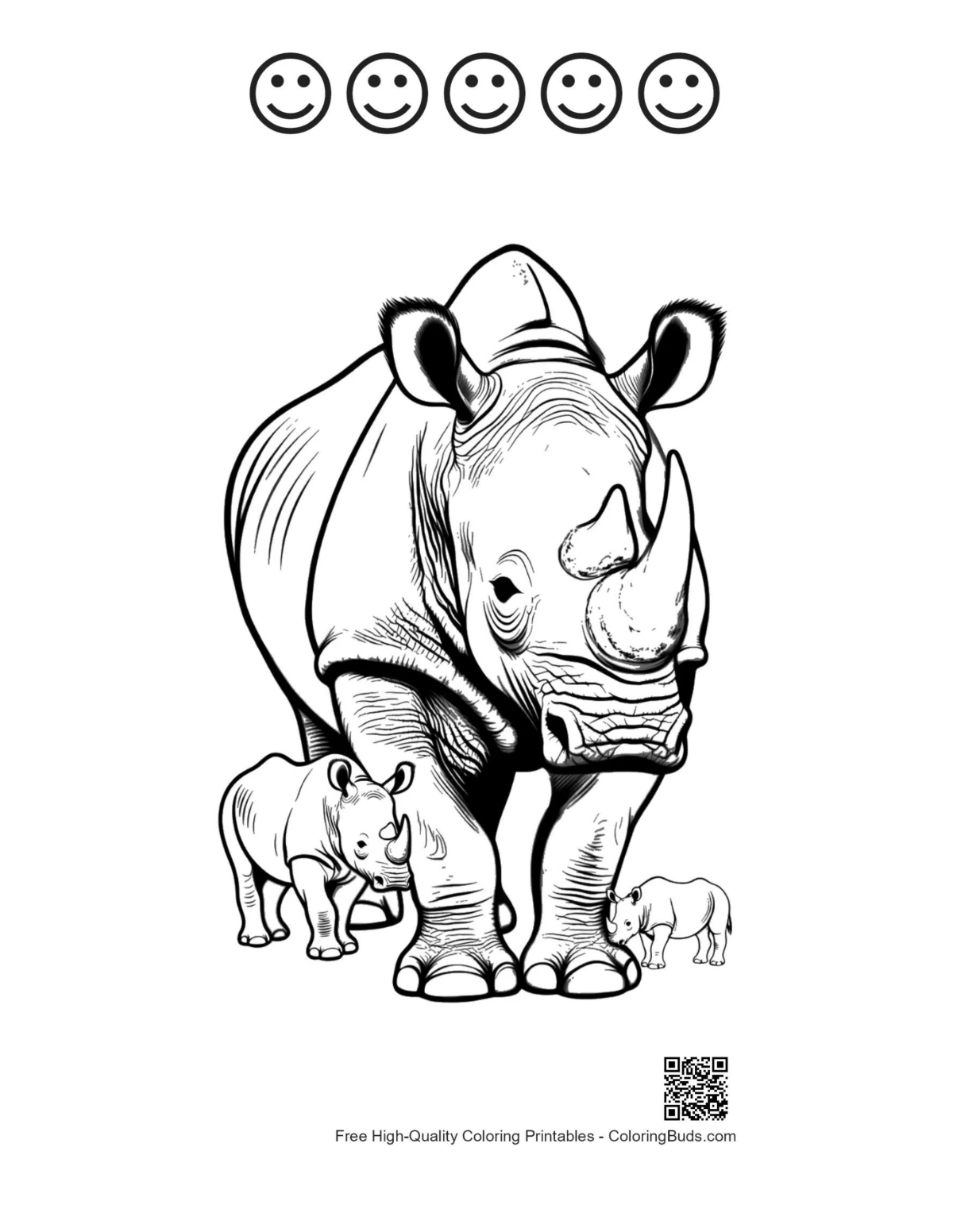 White rhino happy face outline coloring sheet
