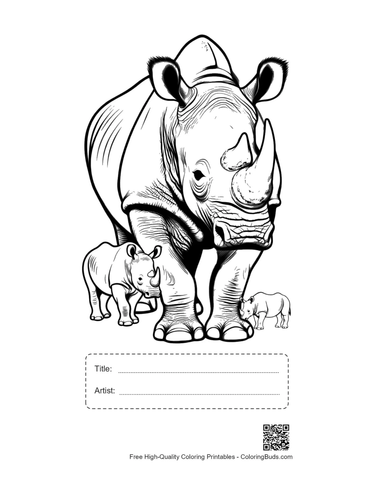 White rhino printable with title and artist box