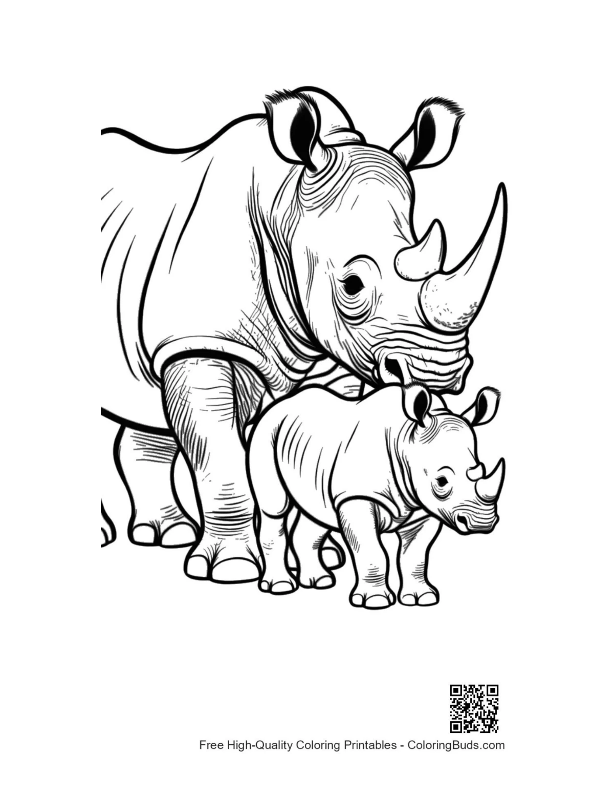 Mother white rhino nuzzling calf coloring page