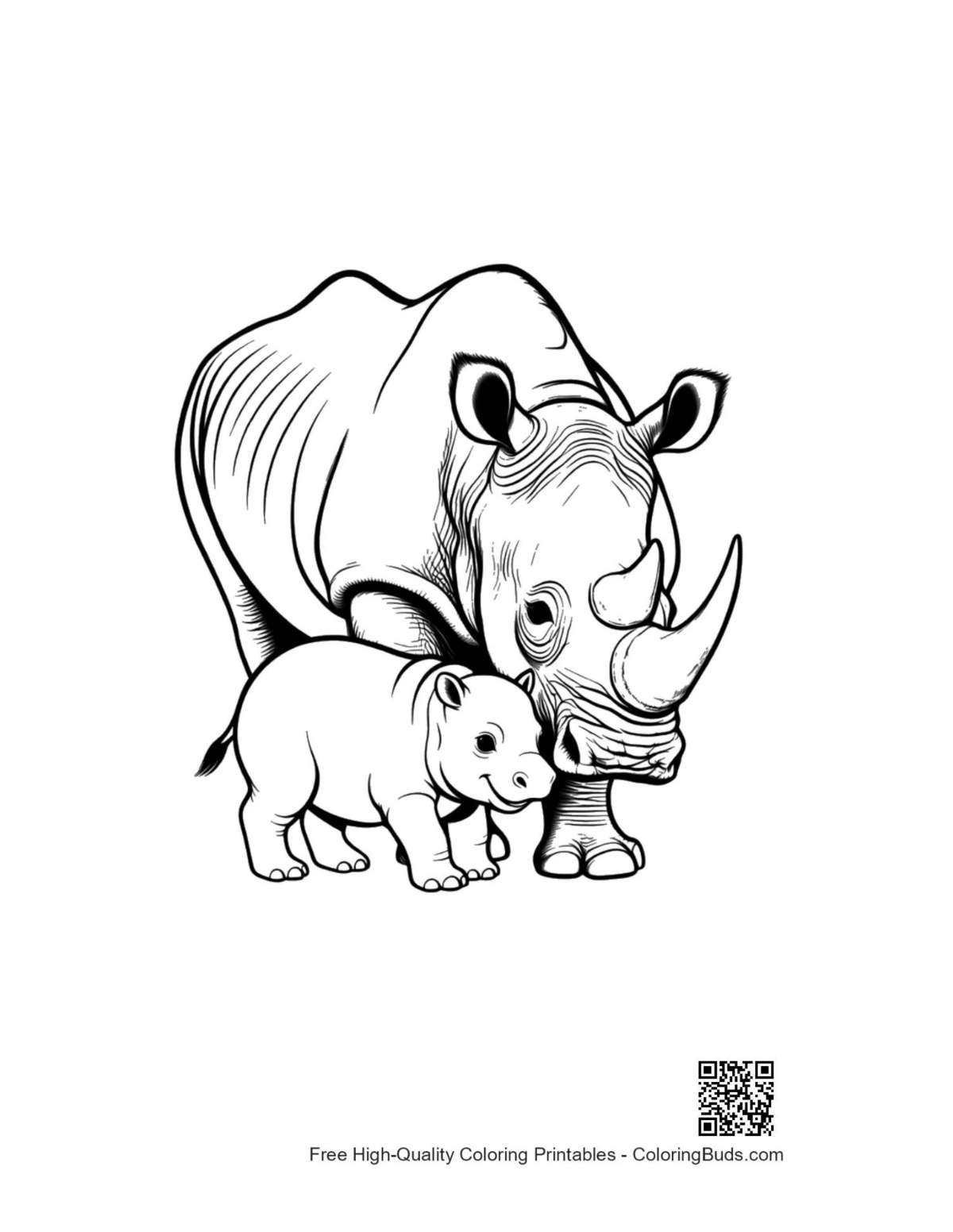 Mother white rhino nuzzling calf coloring page