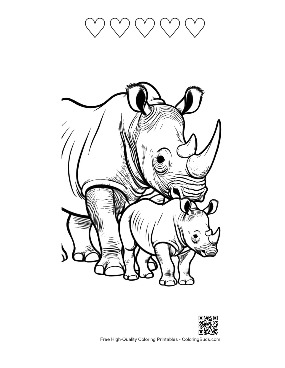 Printable mother rhino nuzzling calf hearts