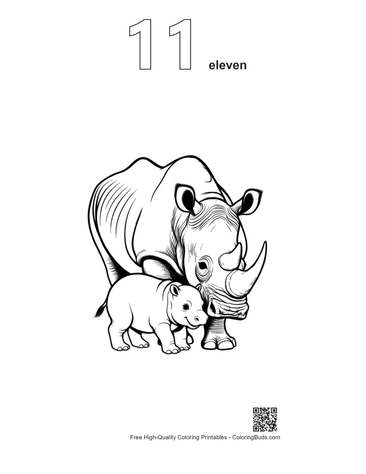 White rhino nuzzling calf outline numbered 11