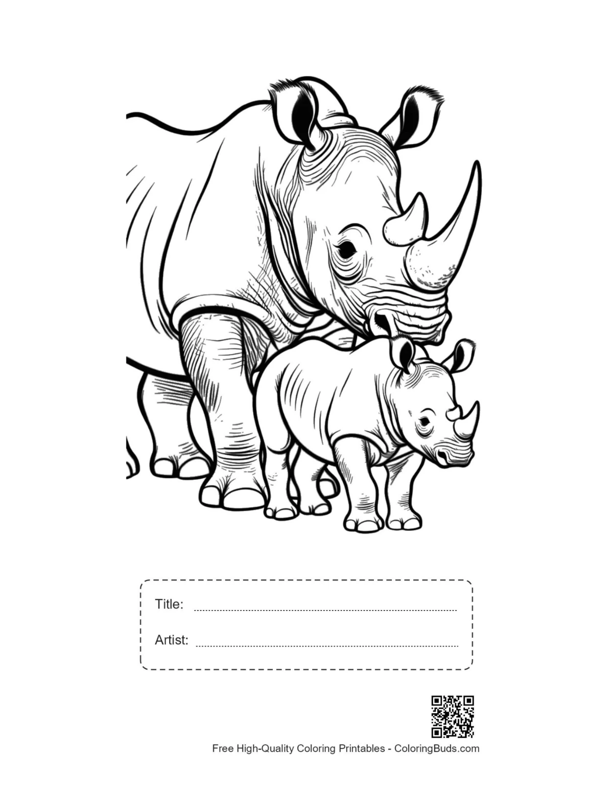 Printable mother white rhino nuzzling calf with title box