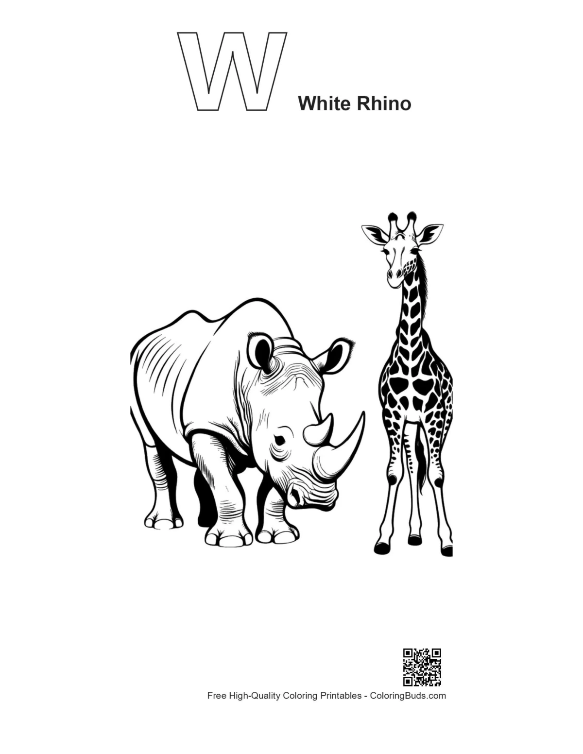 White Rhino giraffe line art with alphabet outline