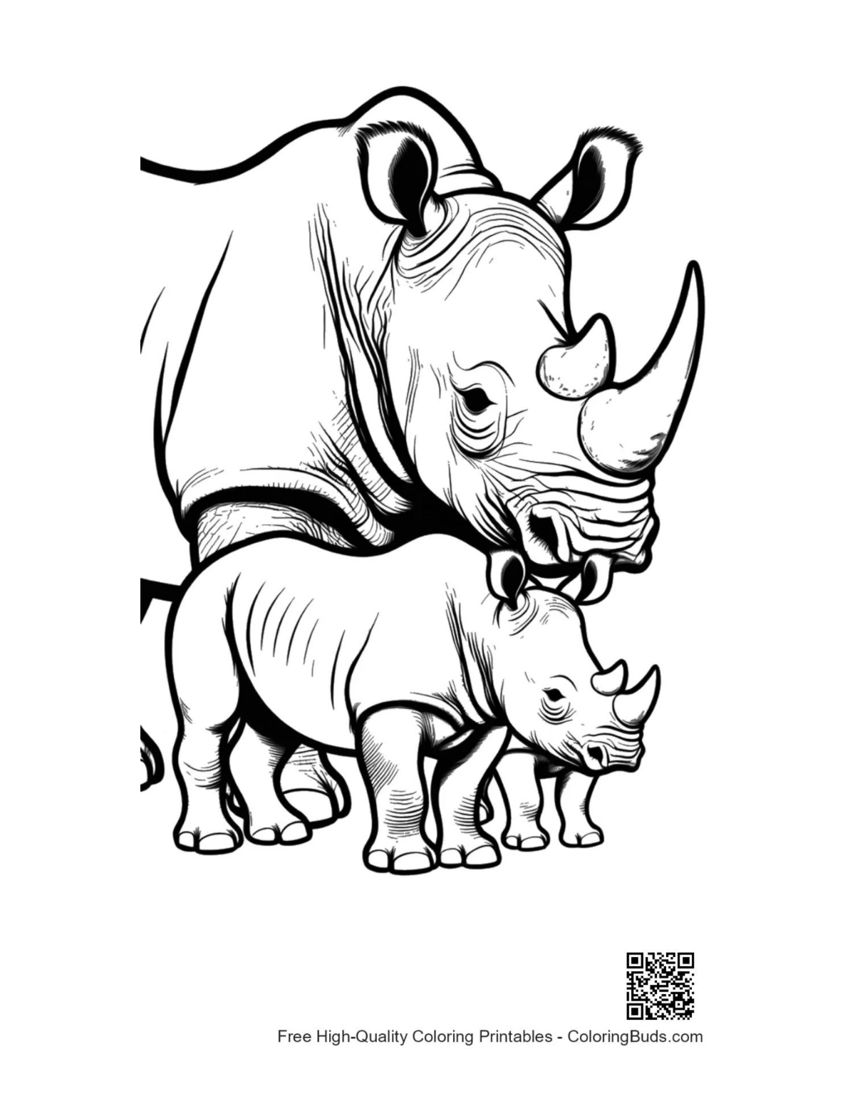 White Rhino mother calf outline coloring page