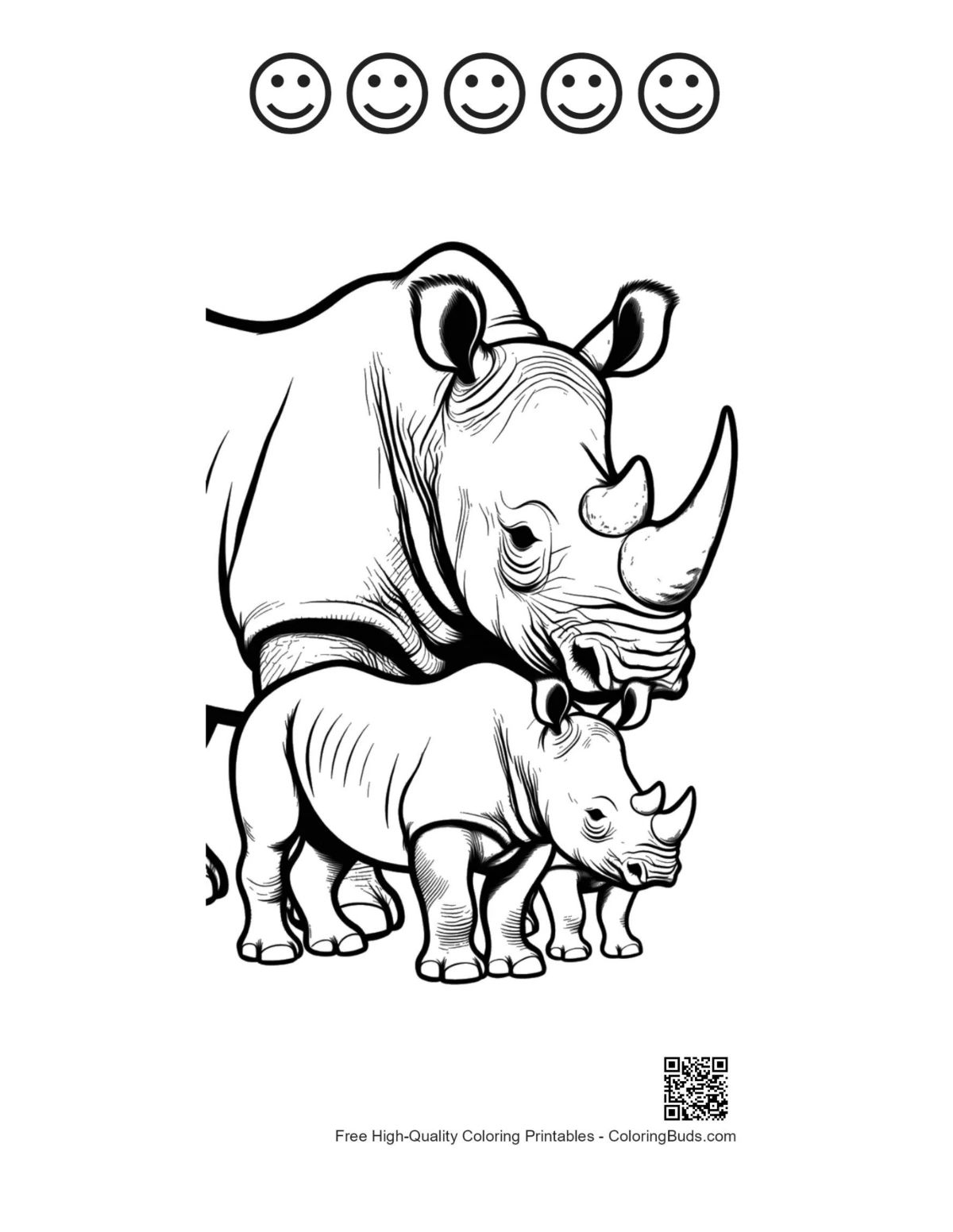 Printable White Rhino with 5 happy faces