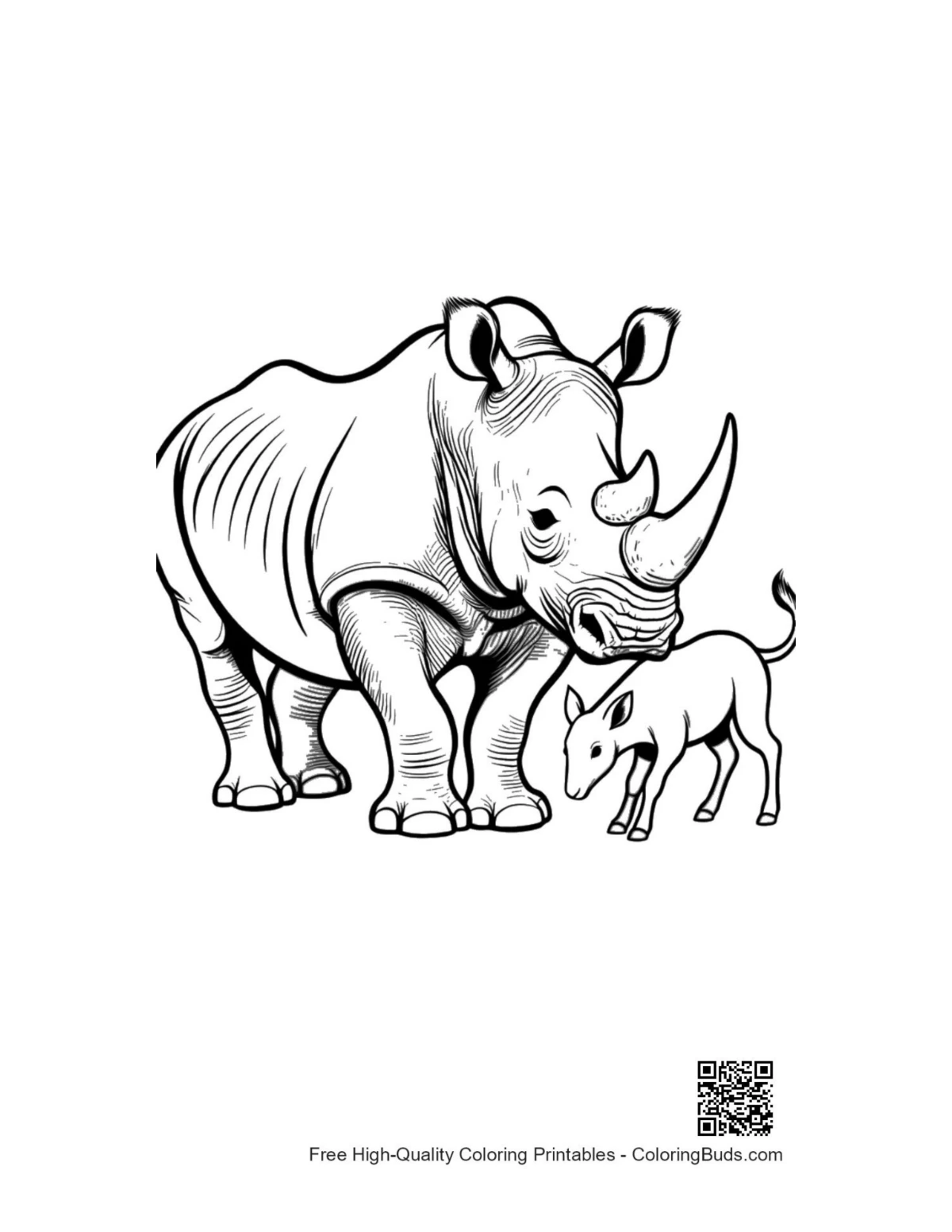 White rhino mother and calf coloring page