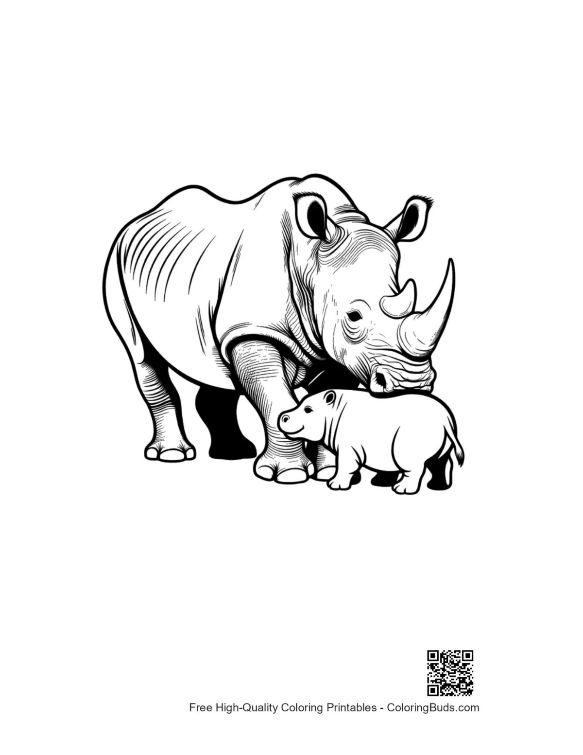 White Rhino mother and calf coloring page