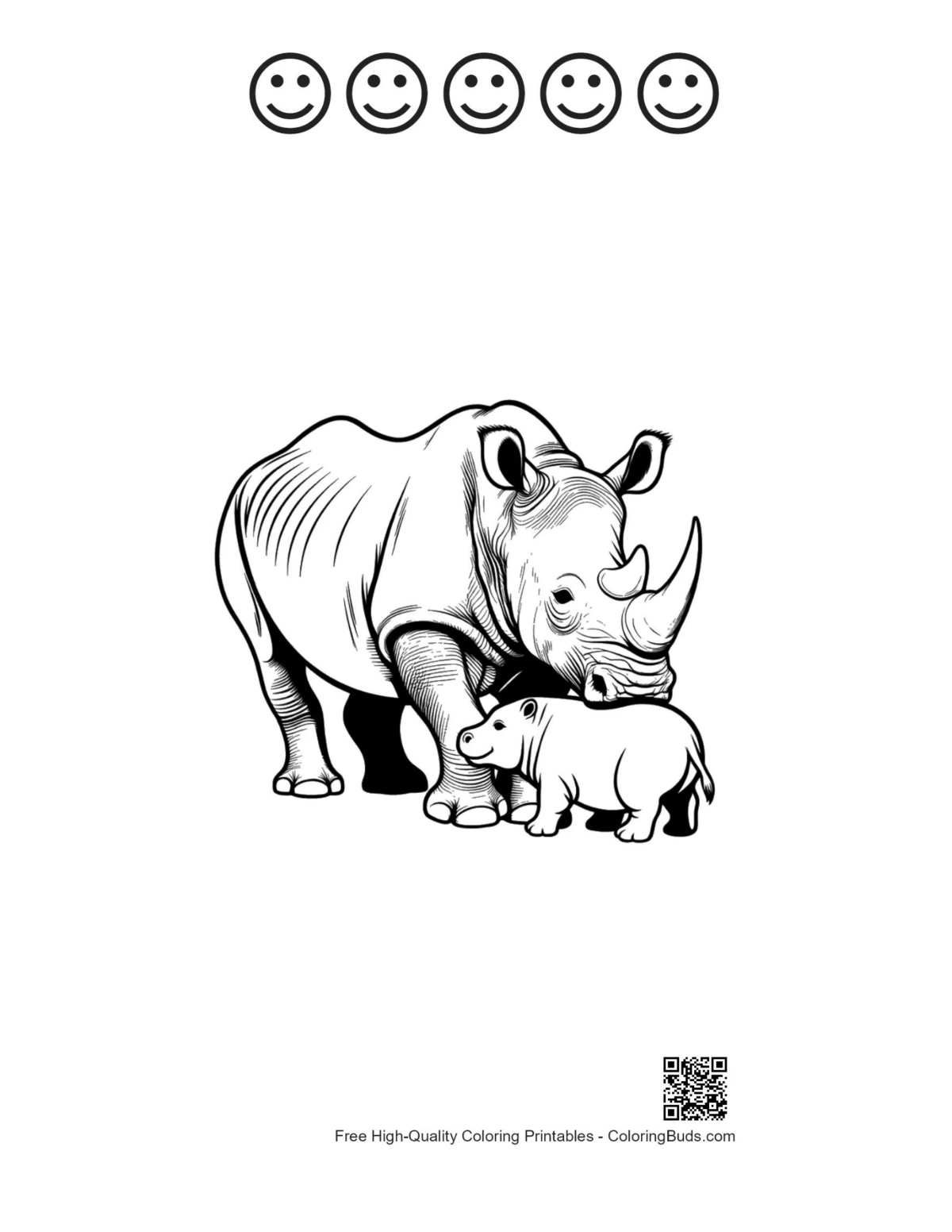 Cute White Rhino printable with happy faces