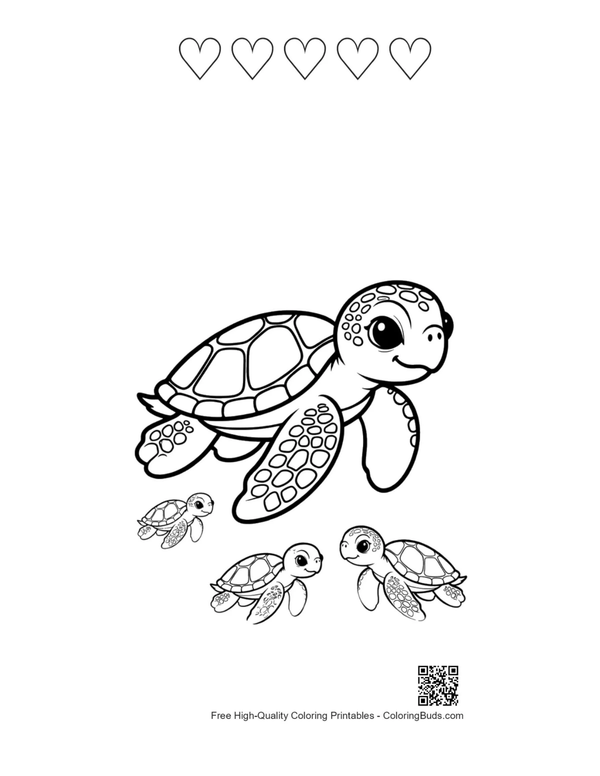 Green sea turtle printable with 5 heart outlines