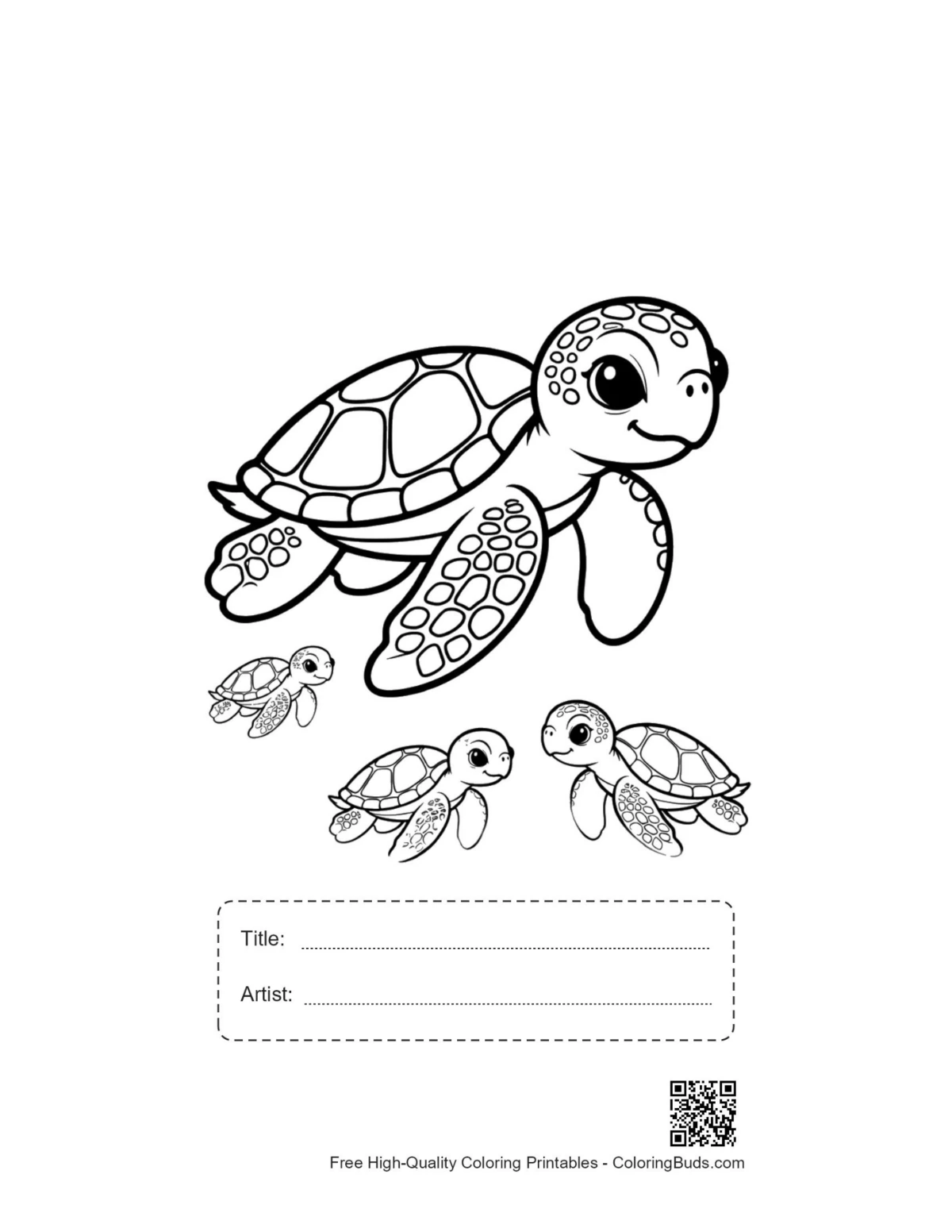 Green sea turtle printable with title and artist box