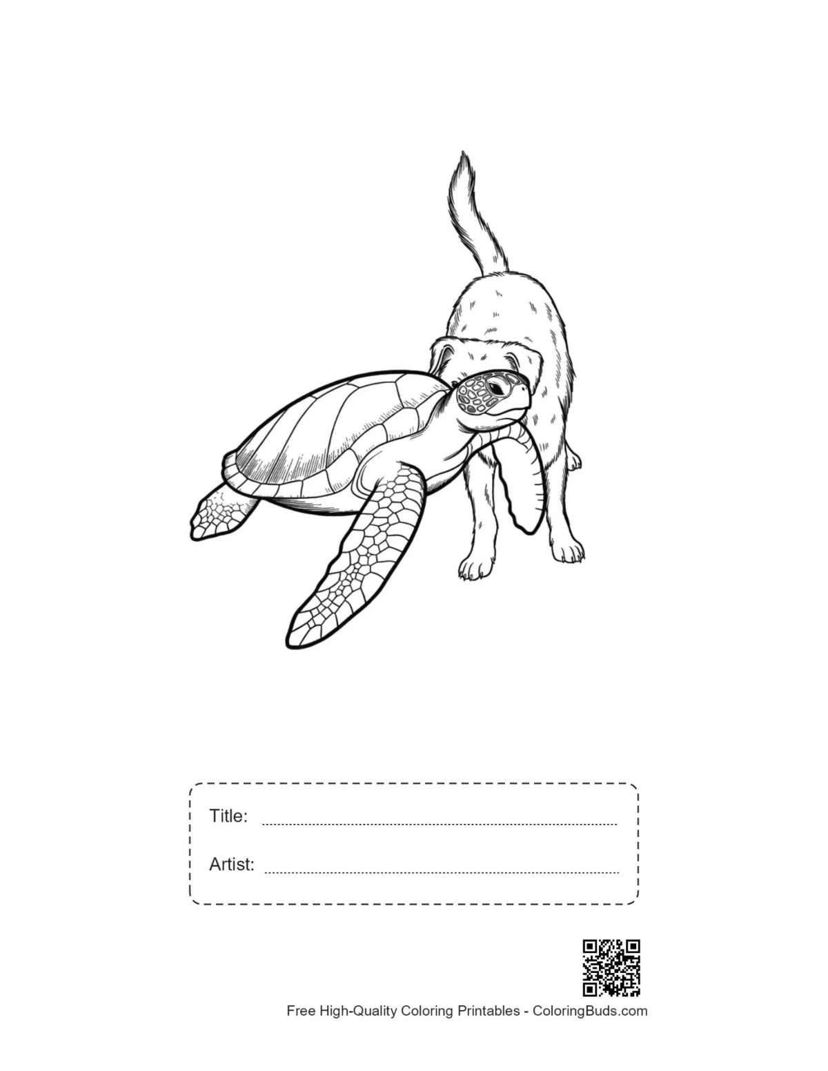Puppy nosing green sea turtle printable titled