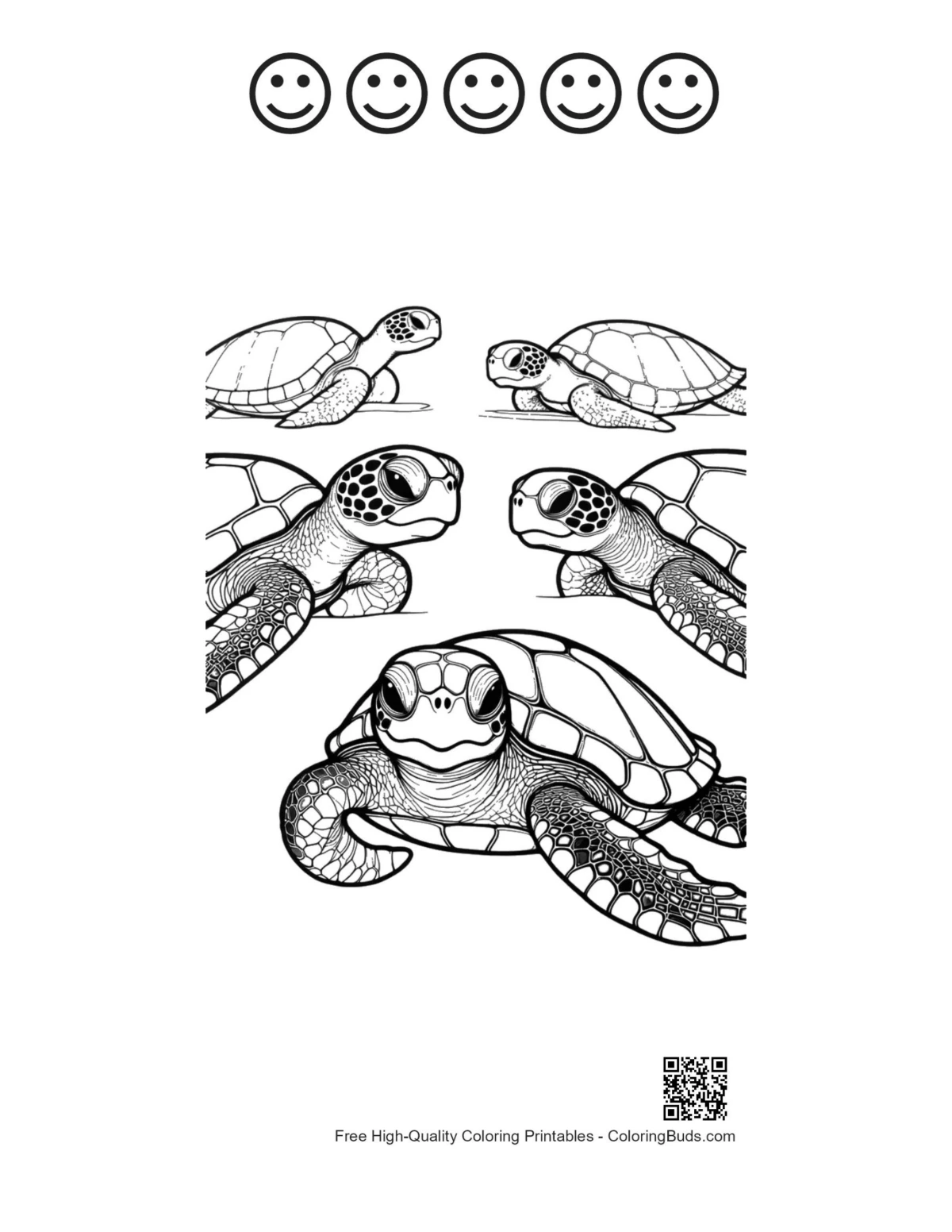 Sea turtle coloring page with happy faces