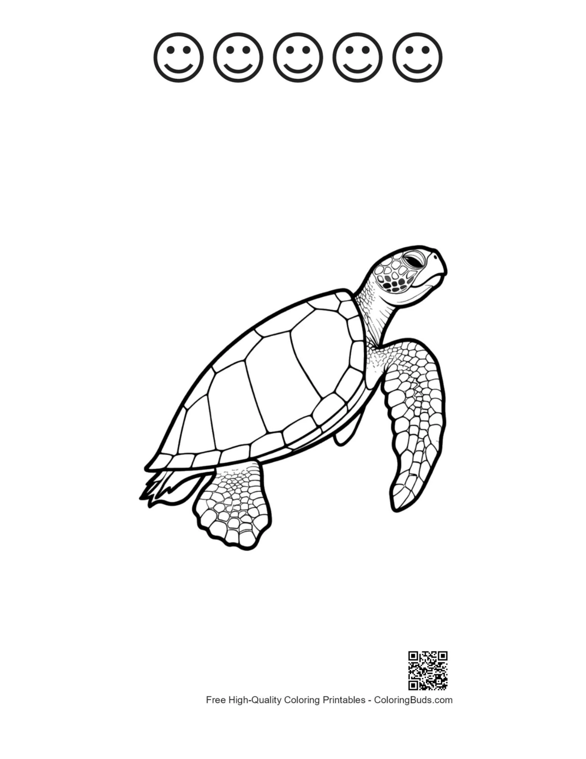 Cute baby sea turtle with five happy face line art