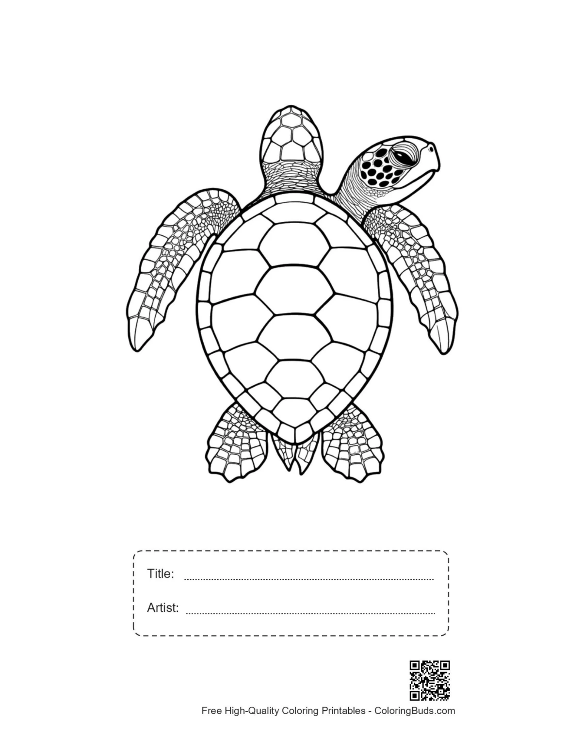 Printable cute baby sea turtle line art with title box