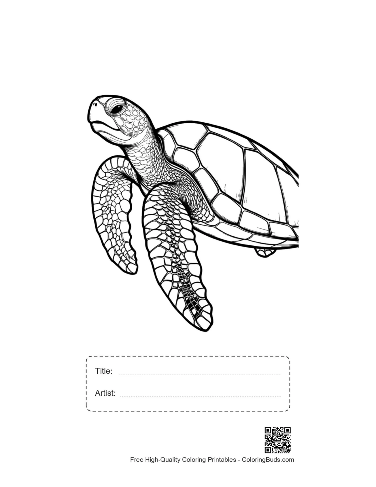 Printable cute baby sea turtle line art with title box