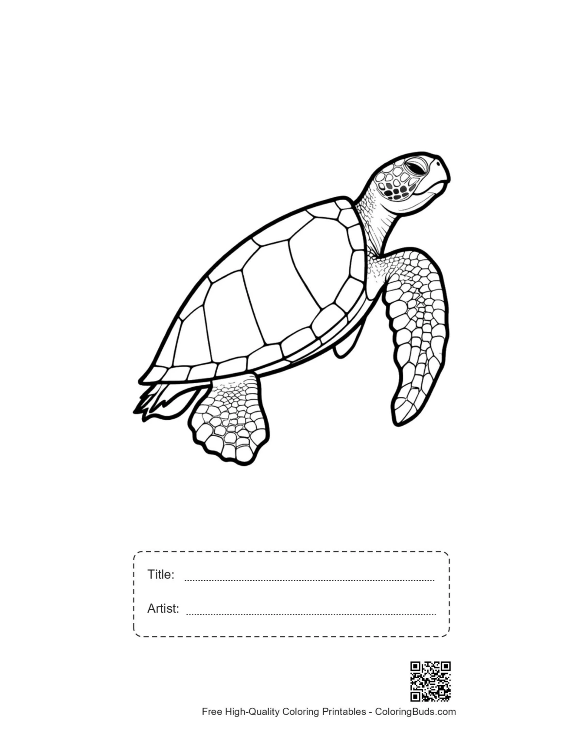 Cute baby sea turtle printable with title and artist space