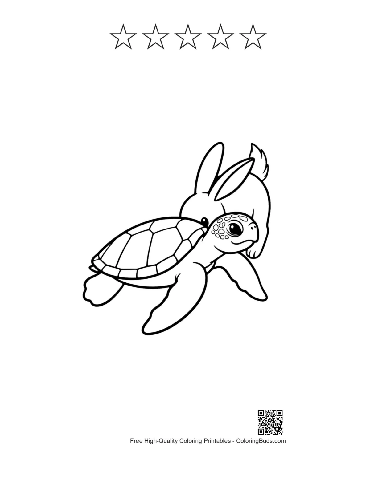 Green sea turtle bunny hug with five-star outline printable
