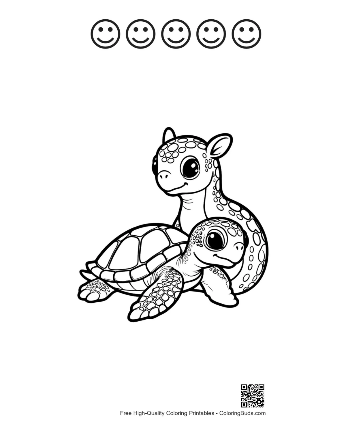 Outline printable of cute hatchling sea turtle with plesiosaur and happy faces