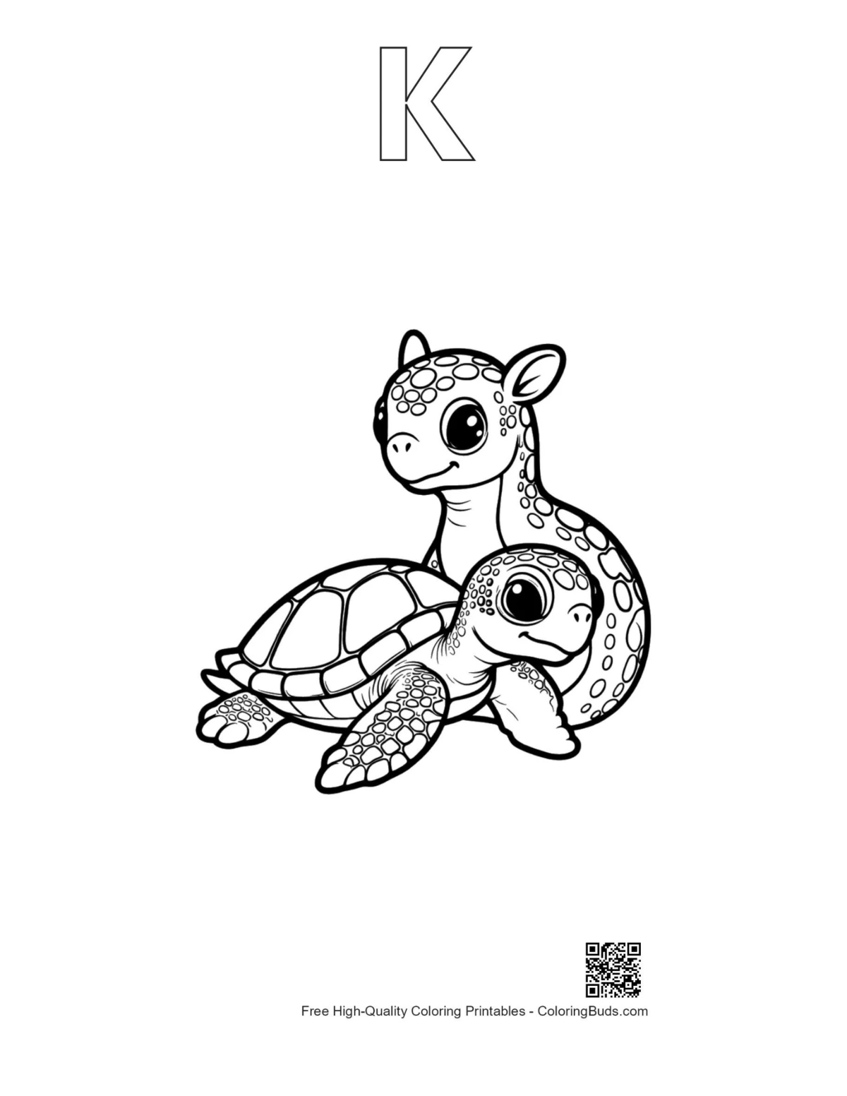 Outline printable of cute hatchling sea turtle with plesiosaur and letter K