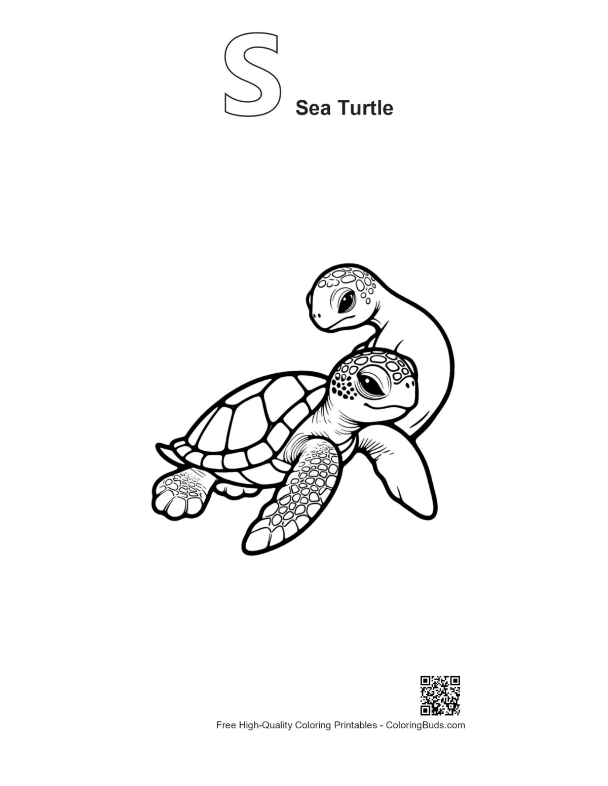 Outline printable of cuddling sea turtles with S alphabet