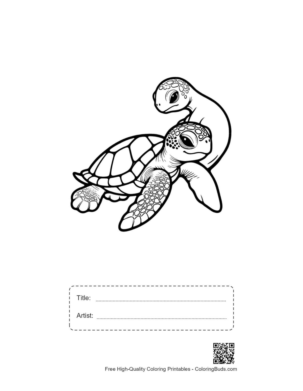 Printable cute hatchling sea turtles cuddling with title box
