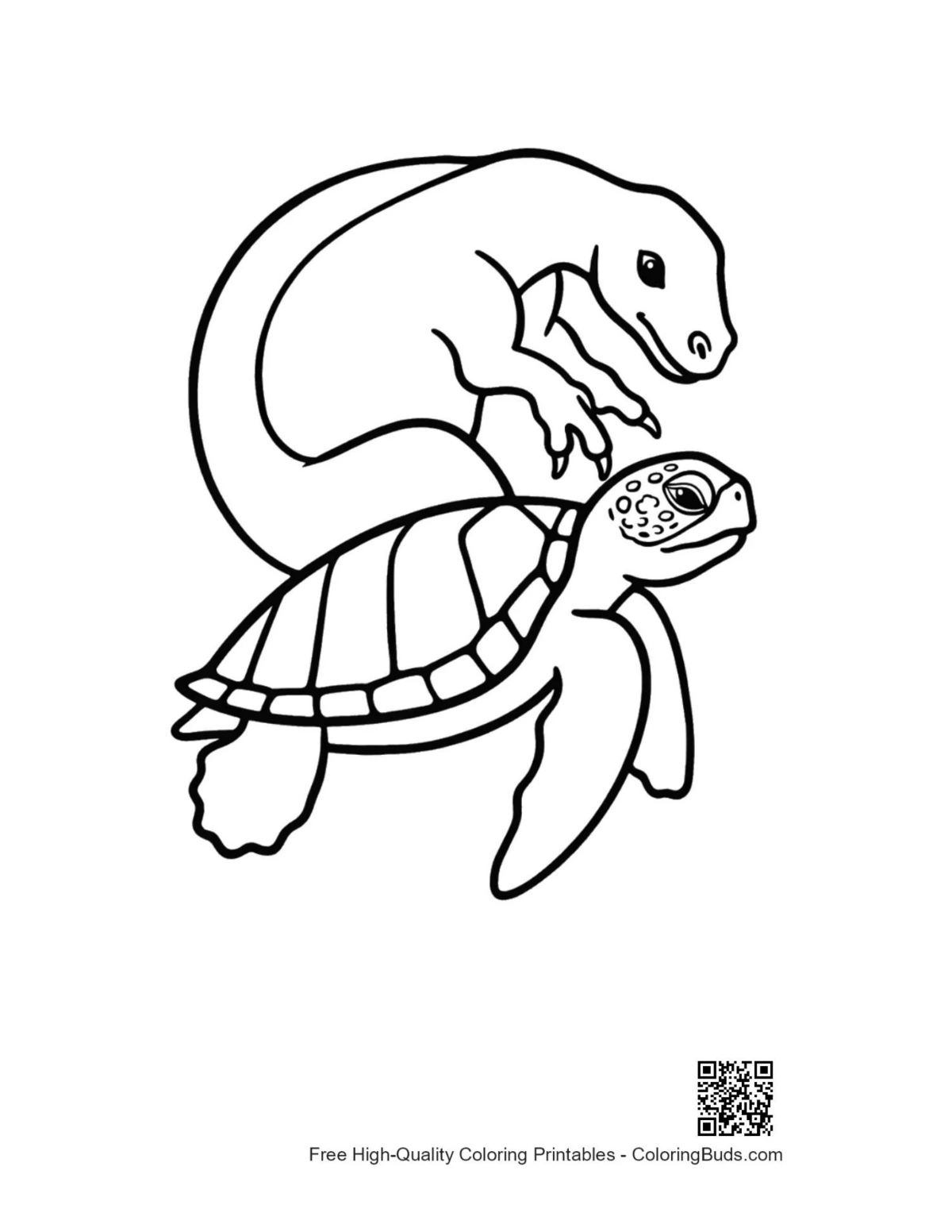 Cute dino hugging baby sea turtle illustration