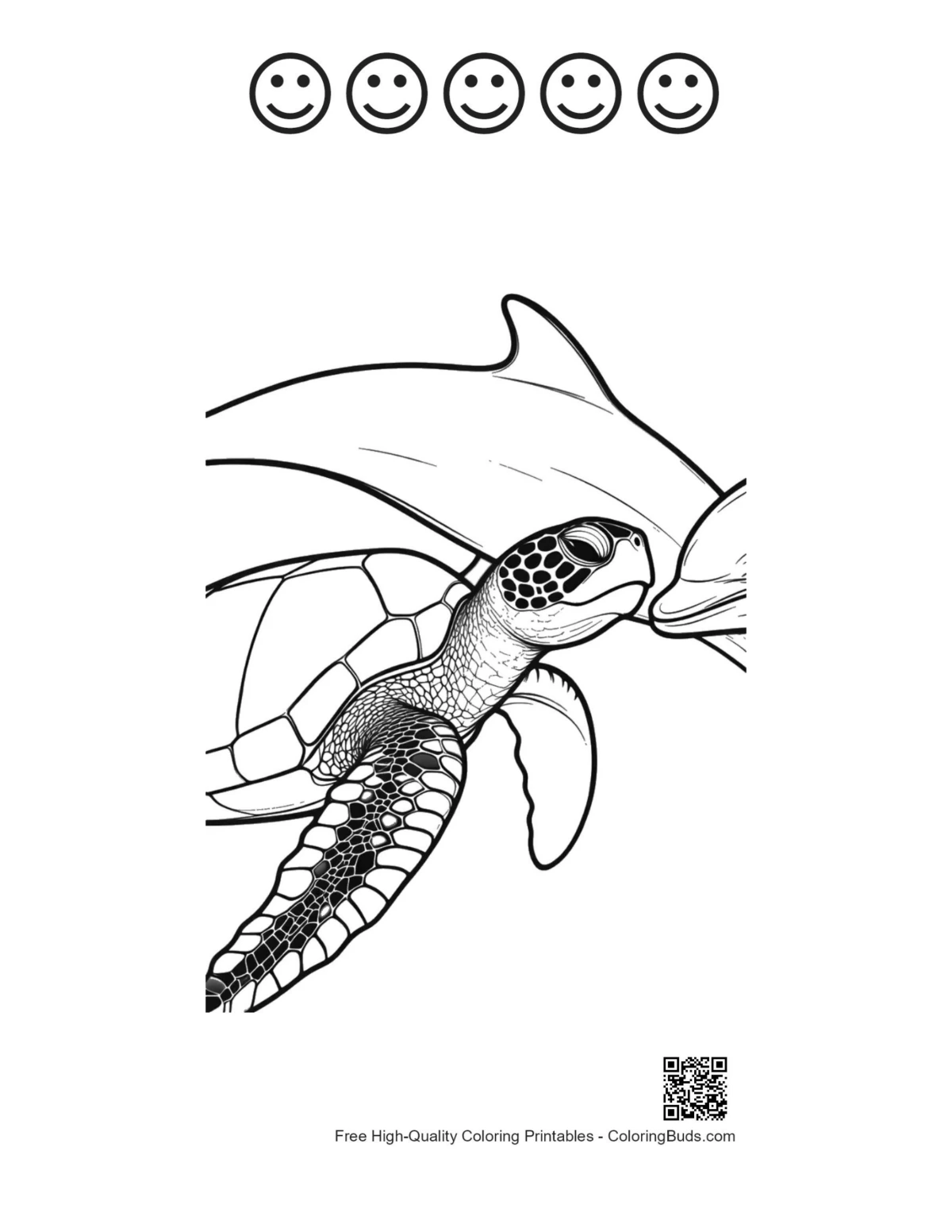 ภาพวาดโลมาเต่าทะเลพร้อมโครงร่างใบหน้ายิ้มแย้ม 5 ใบ