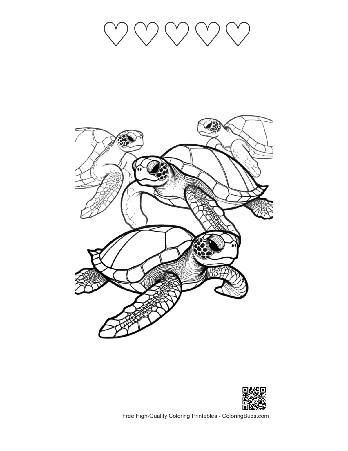 Heart outlines and cute sea turtle group
