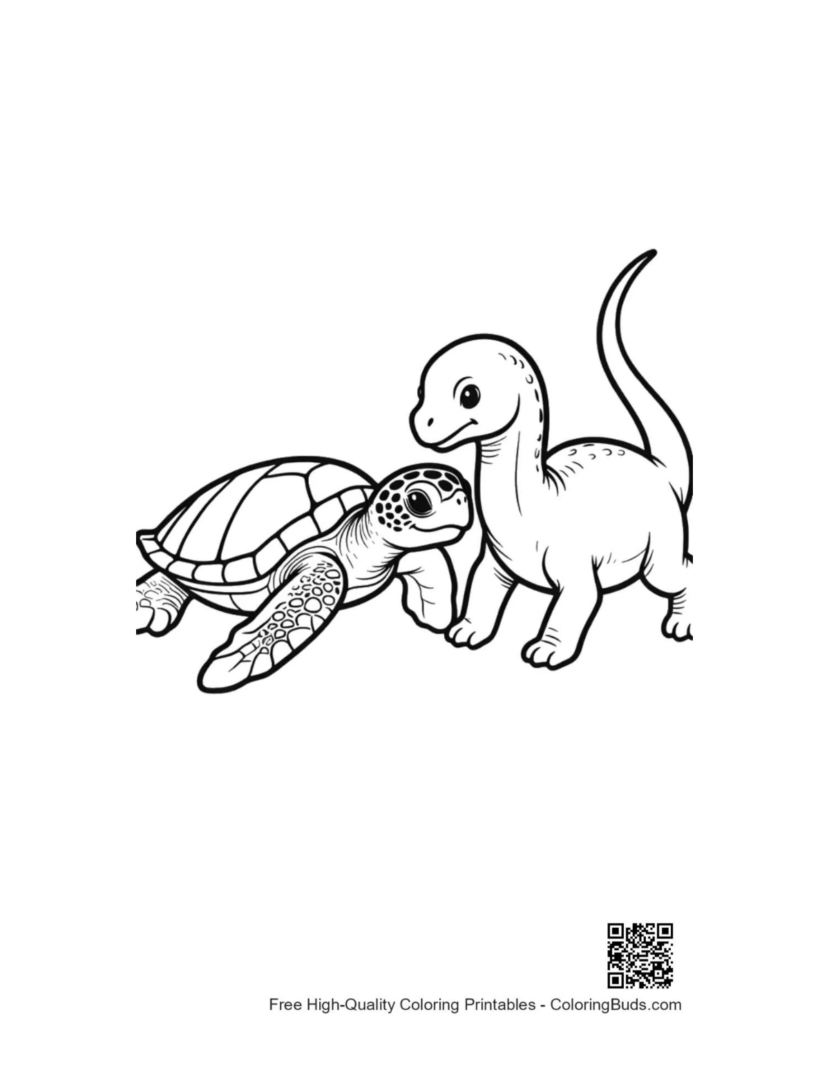 Cute hatchling sea turtle with baby brachiosaurus illustration