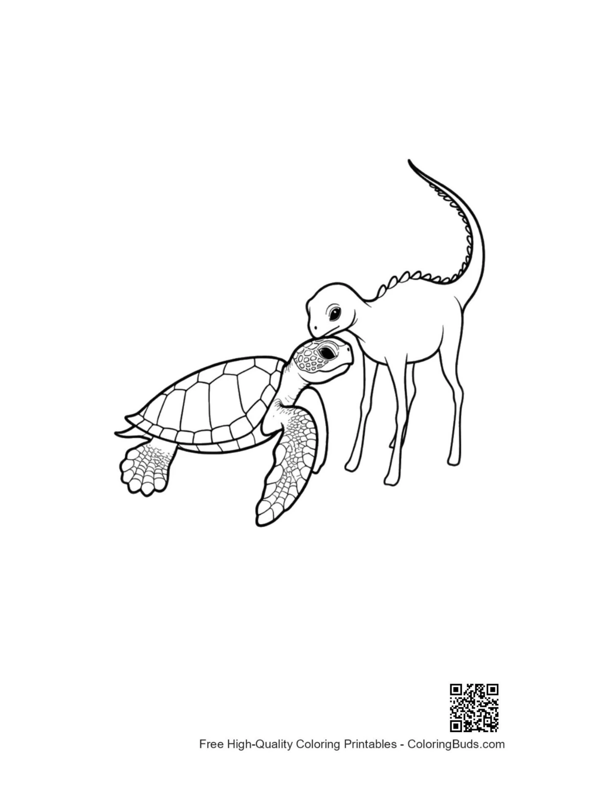 Cute hatchling sea turtle cuddling baby dinosaur illustration