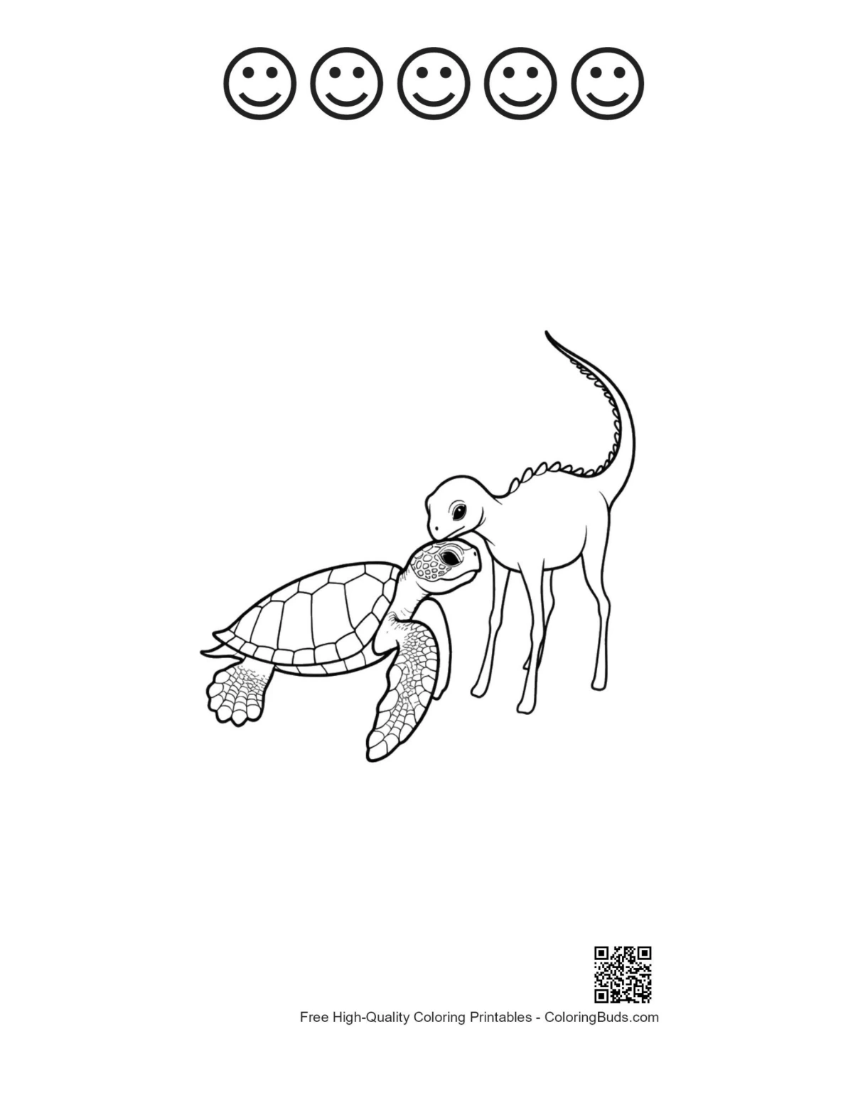 Cuddling turtle and dinosaur with 5 happy face outlines printable