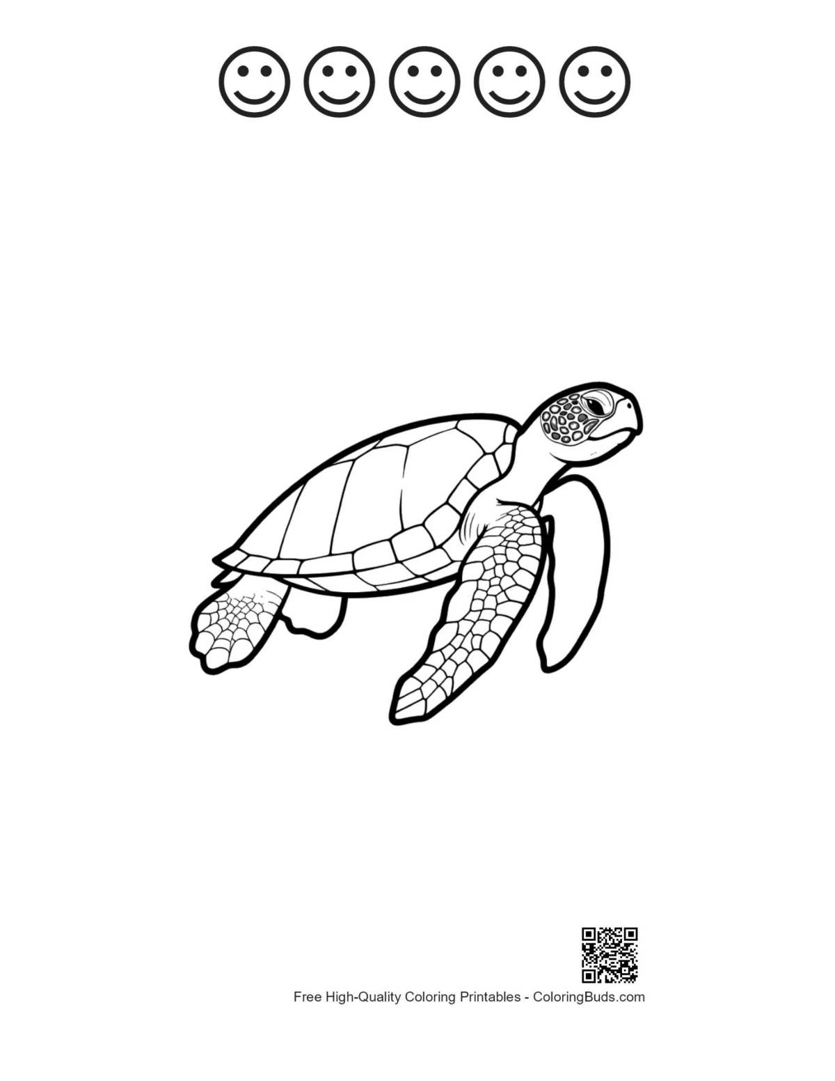 Hatchling sea turtle coloring page with happy faces