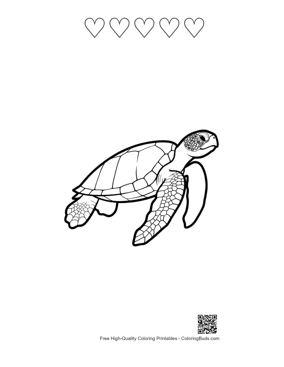 Printable sea turtle line art with heart shapes