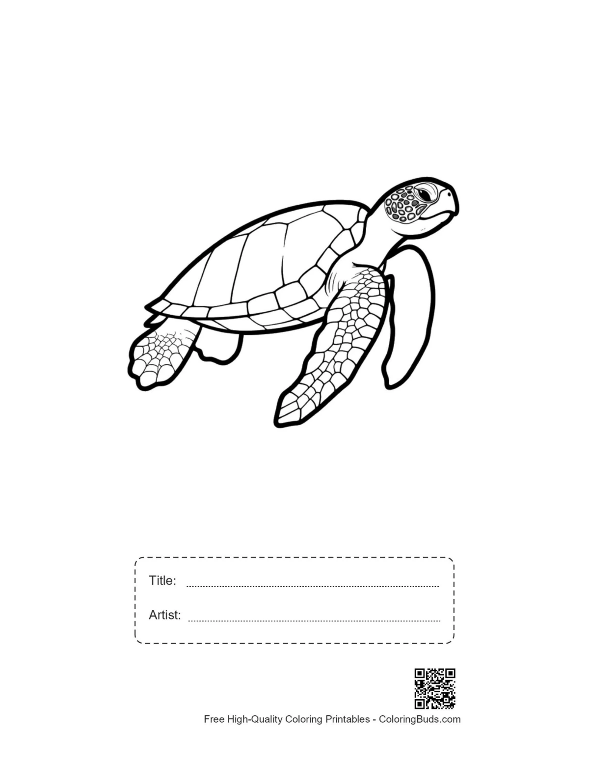 Printable hatchling sea turtle line art with title space