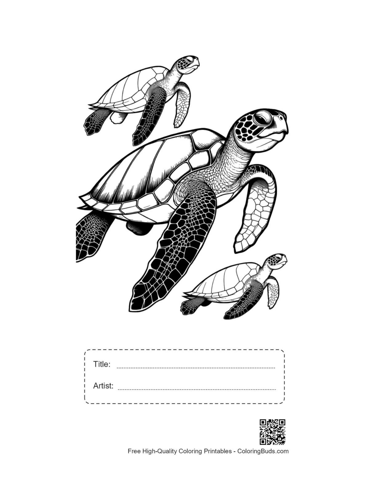 Printable green sea turtle family with title and artist box