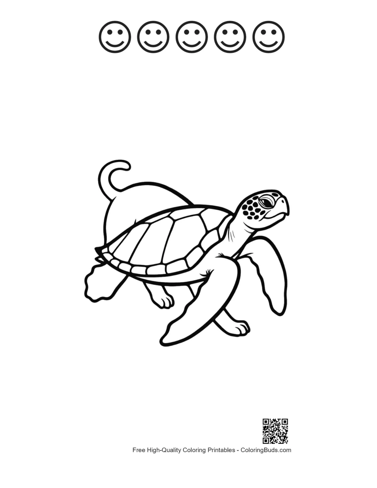 Green sea turtle with 5 happy face outlines