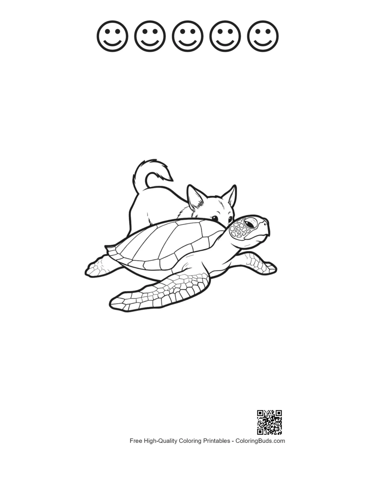 Kitten turtle cuddling page with 5 happy faces