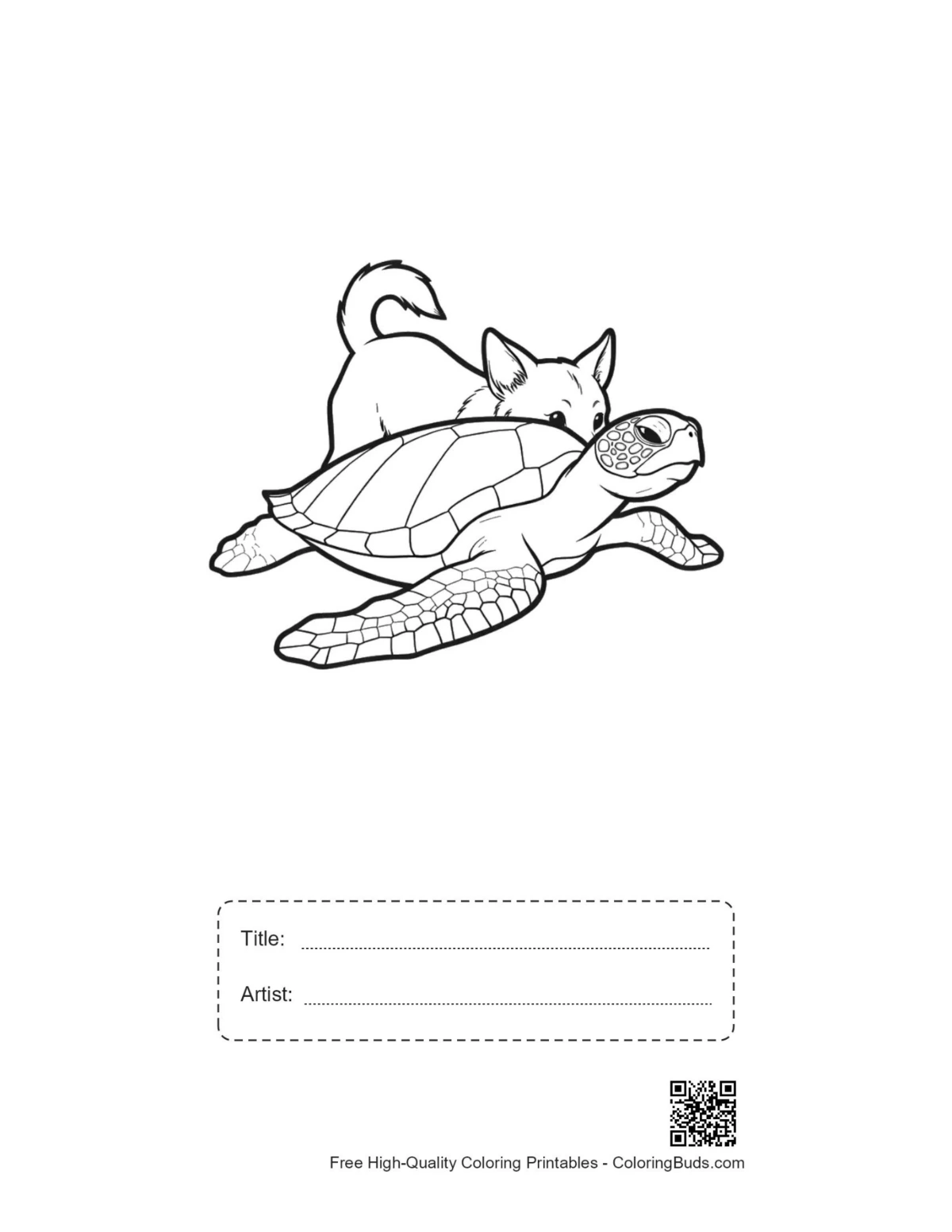 Playful kitten green sea turtle printable with title