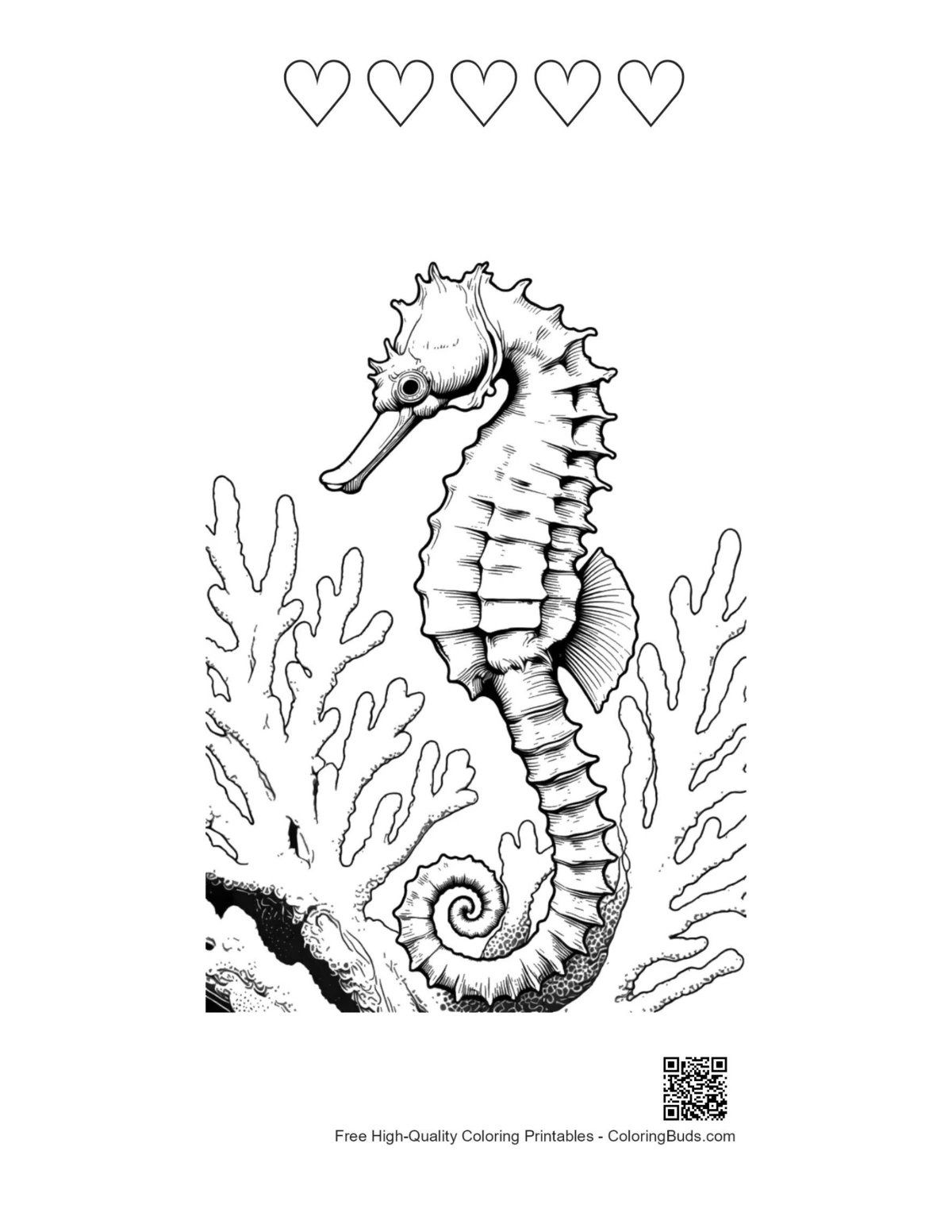Seahorse coloring page with heart outlines