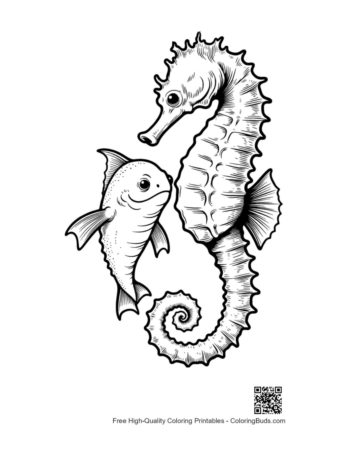 Seahorse and baby fish embrace coloring page
