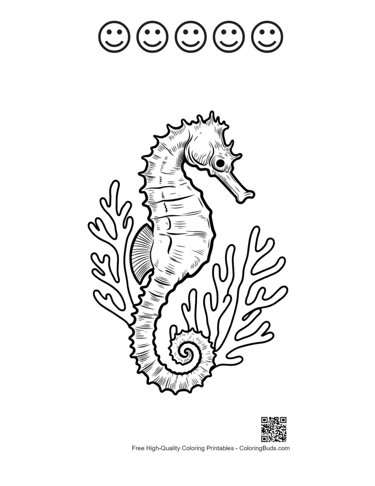 Cute Seahorse in Coral happy faces printable
