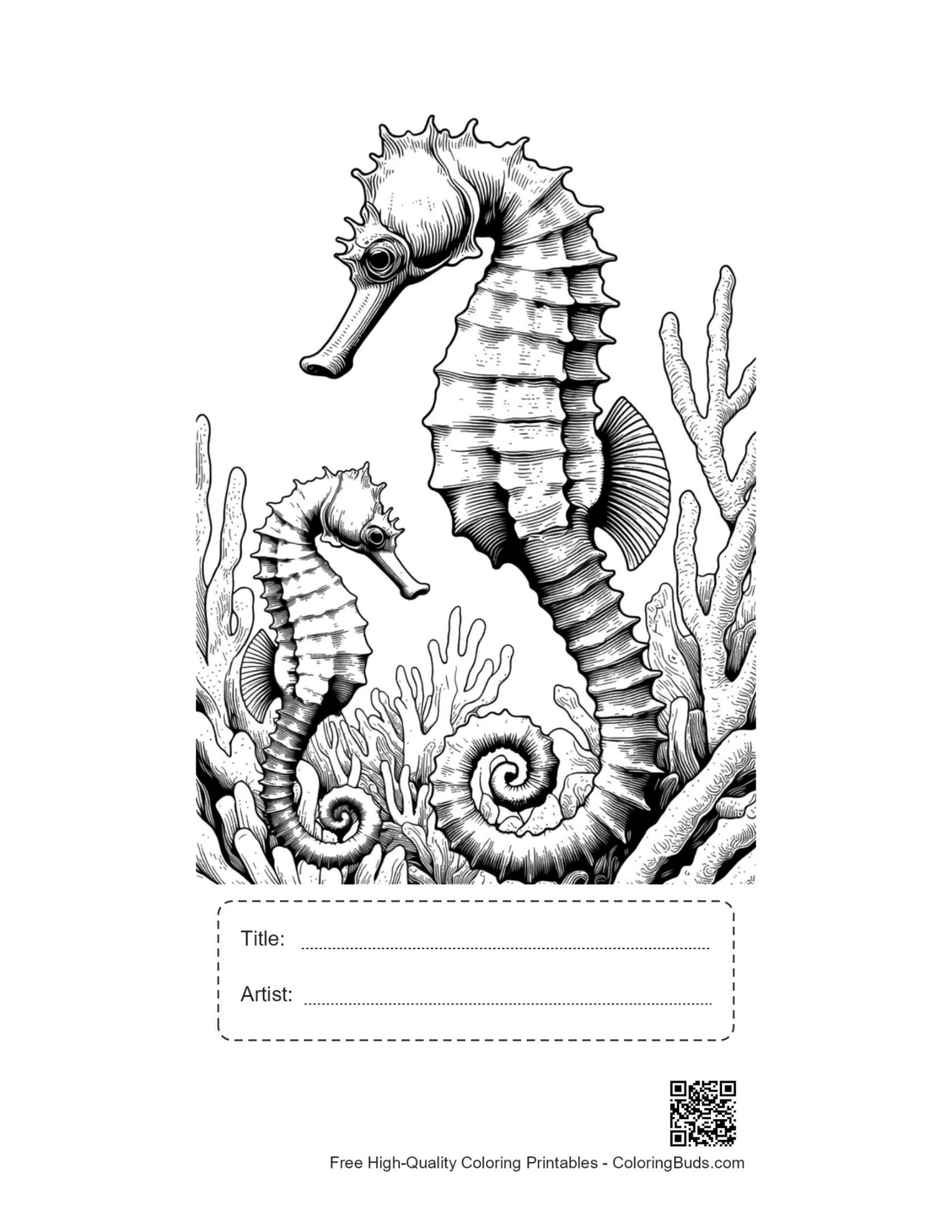Printable seahorses amid coral with title box
