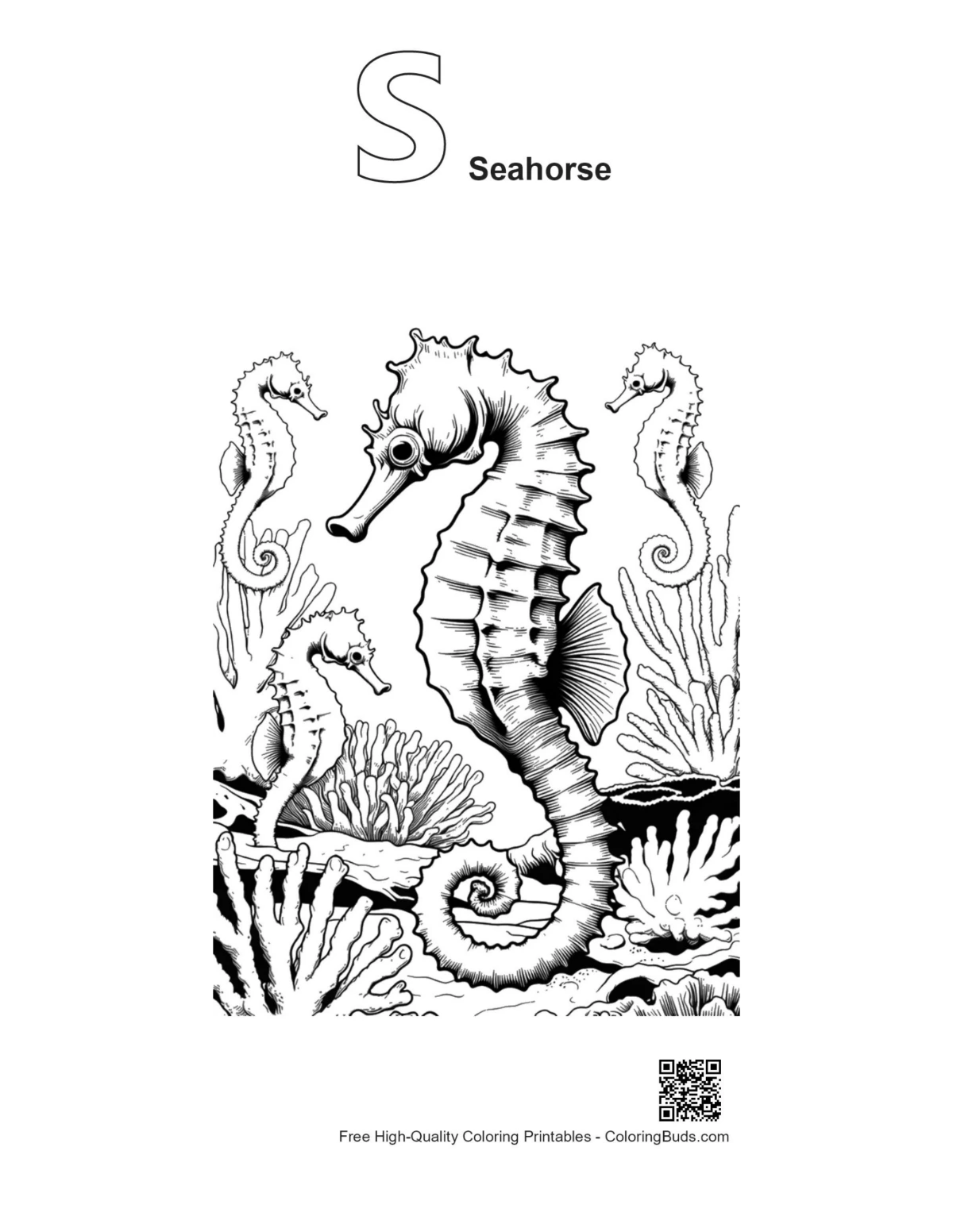 Seahorse alphabet S outline coloring page