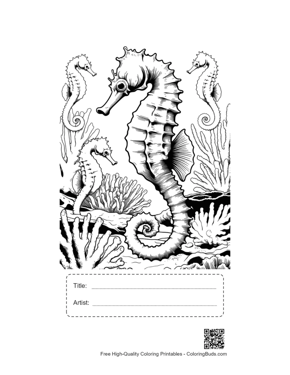 Printable Seahorses Among Coral Reefs with title box