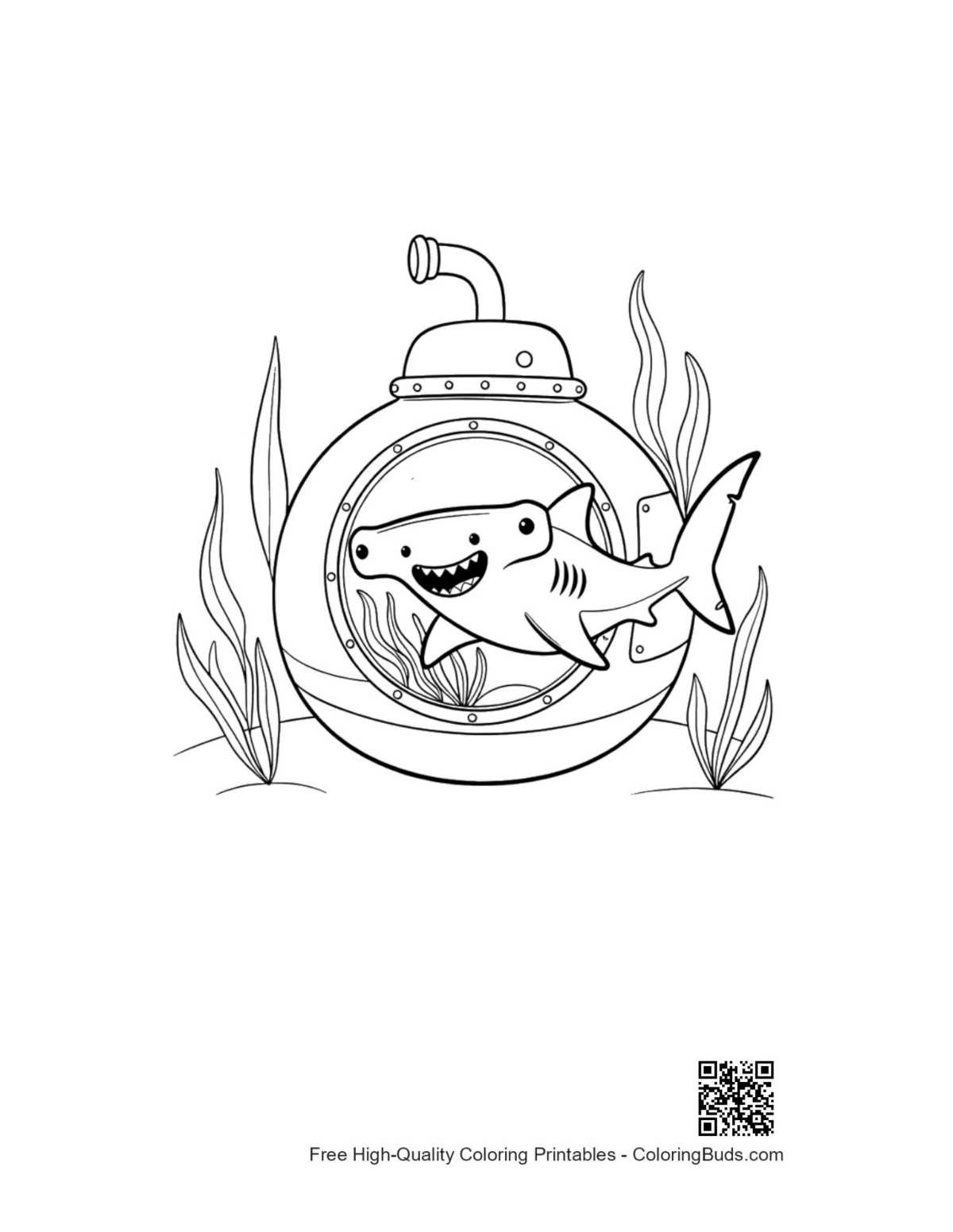 Baby hammerhead shark in round submarine window printable