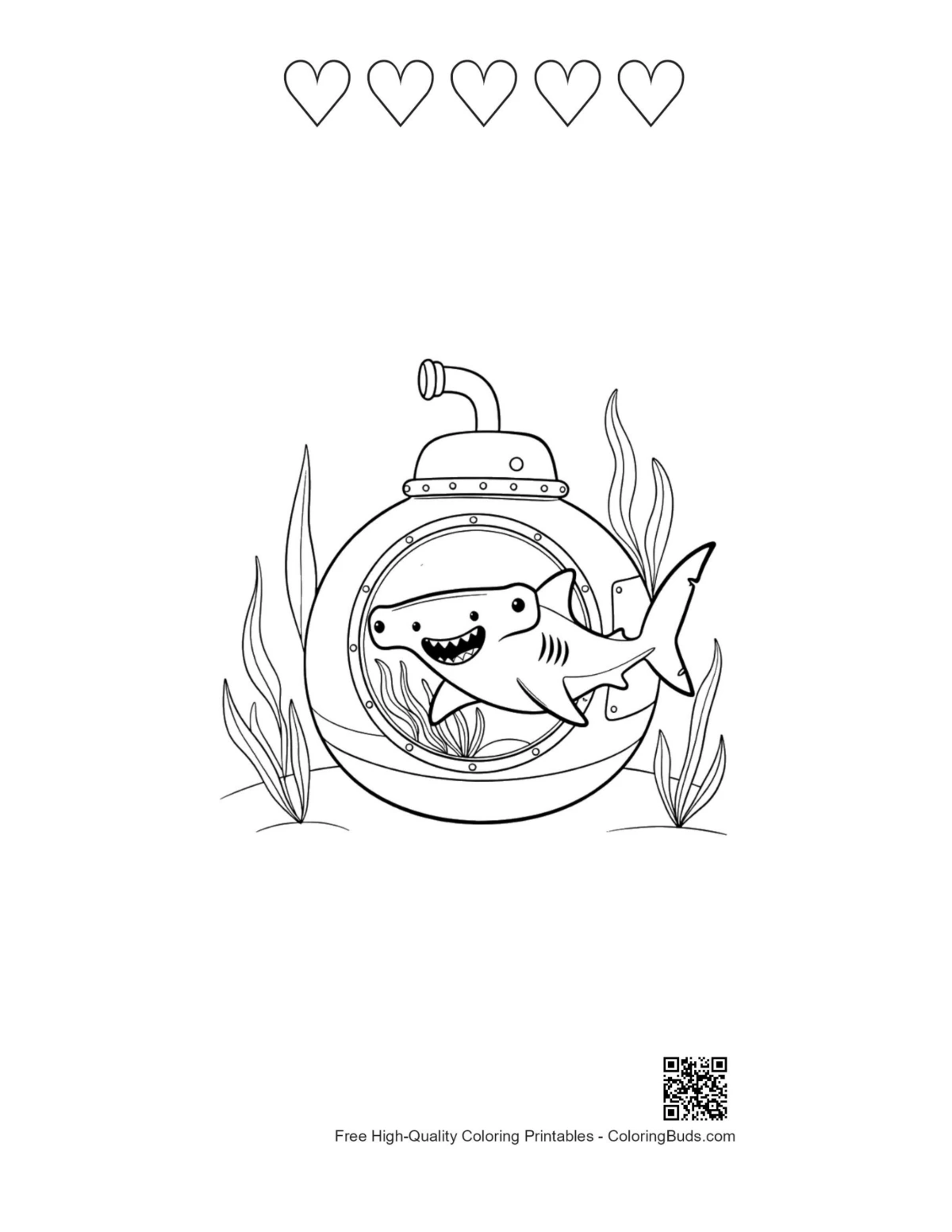 Cute shark printable with heart outlines