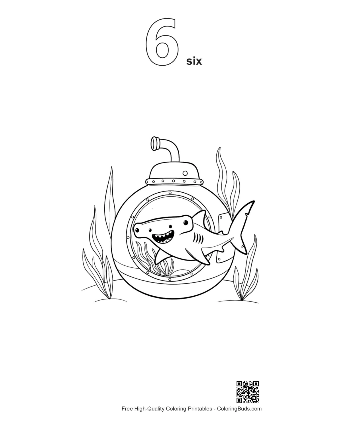 Hammerhead shark coloring page with number 6 outline